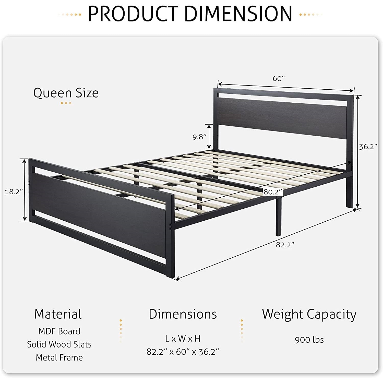 Queen Black Metal Platform Bed Frame with Wood Panel Headboard and Footboard-4