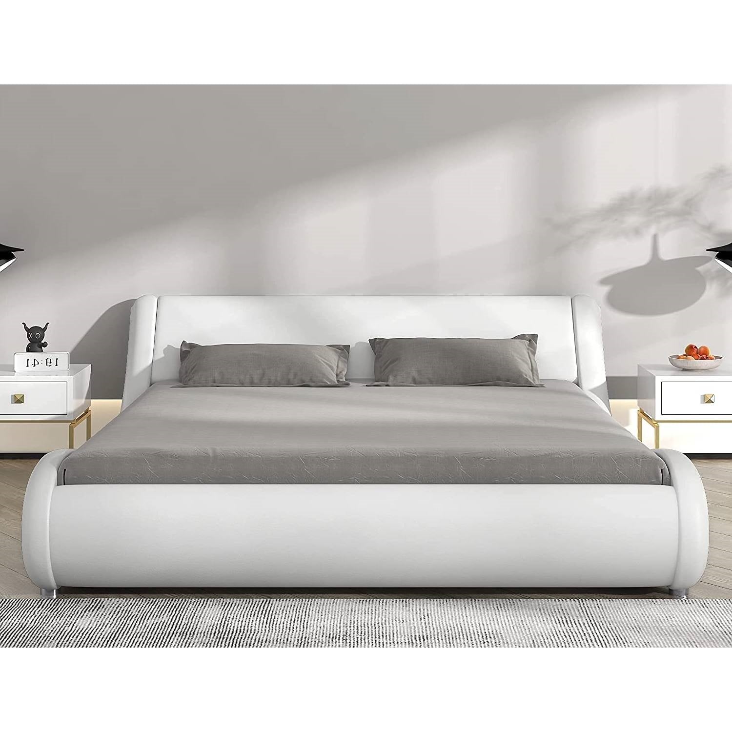 Queen Modern White Faux Leather Upholstered Platform Bed Frame with Headboard-0