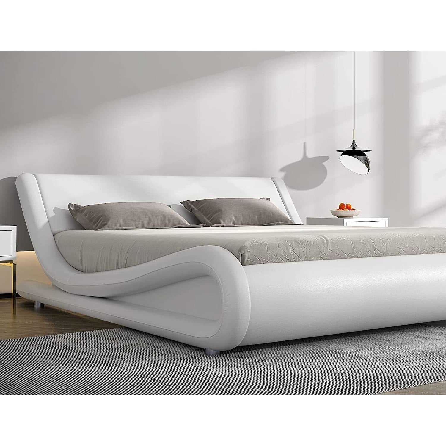 Queen Modern White Faux Leather Upholstered Platform Bed Frame with Headboard-1