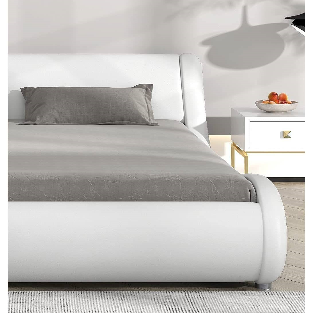 Queen Modern White Faux Leather Upholstered Platform Bed Frame with Headboard-2