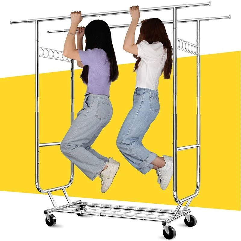 Heavy Duty Double Bar Clothes Garment Rack on Wheels - 600 lbs Capacity-2