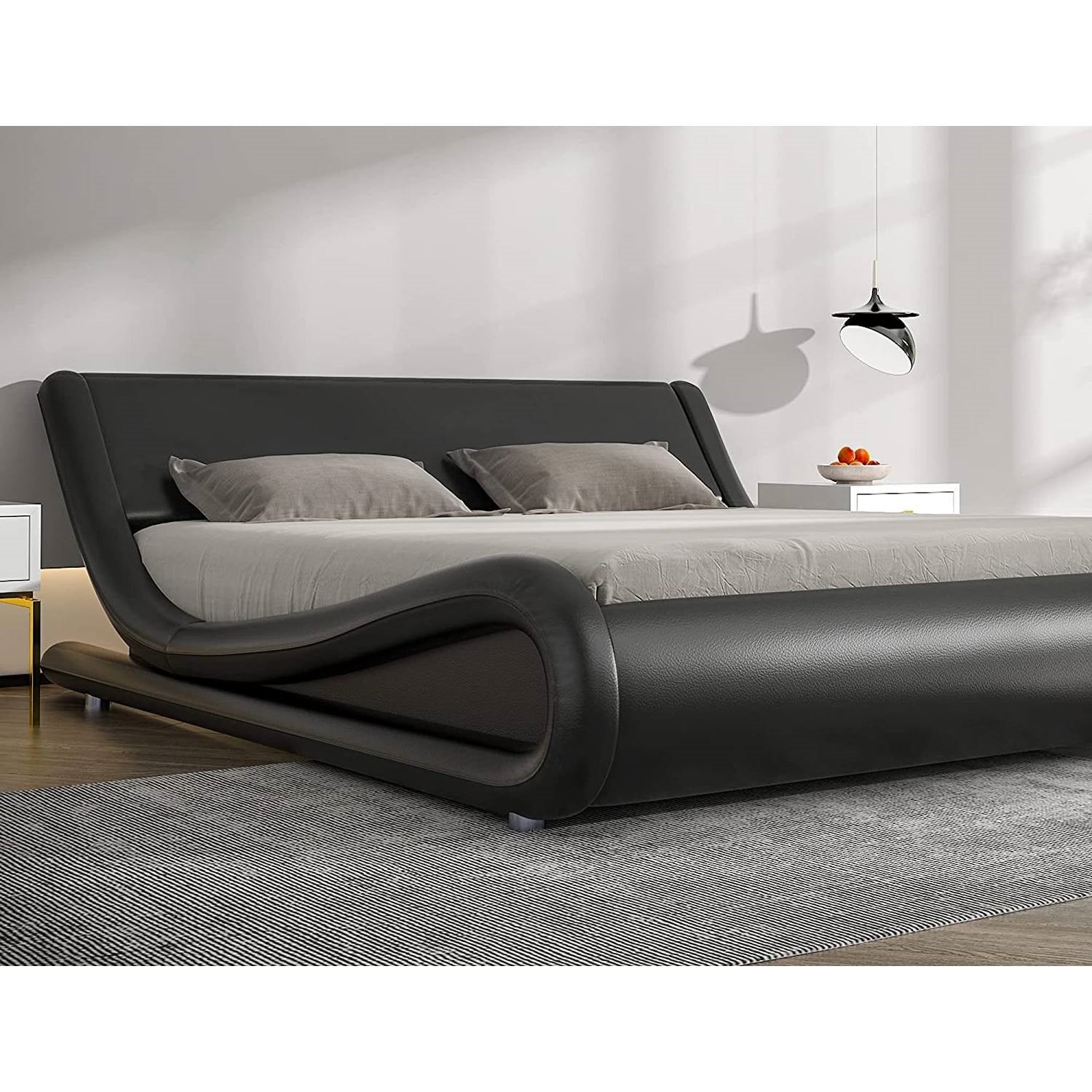 Queen Modern Black Faux Leather Upholstered Platform Bed Frame with Headboard-0