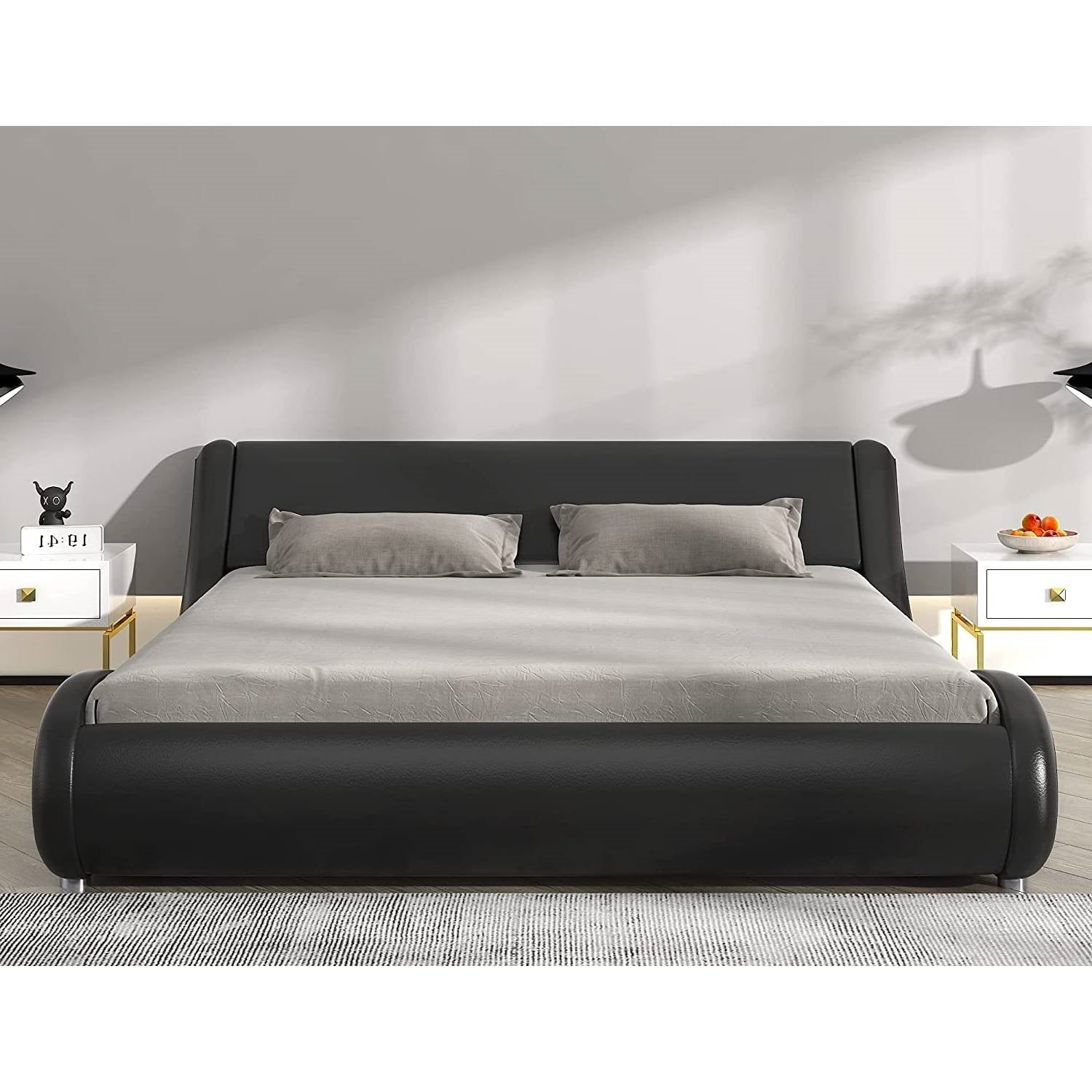 Queen Modern Black Faux Leather Upholstered Platform Bed Frame with Headboard-1