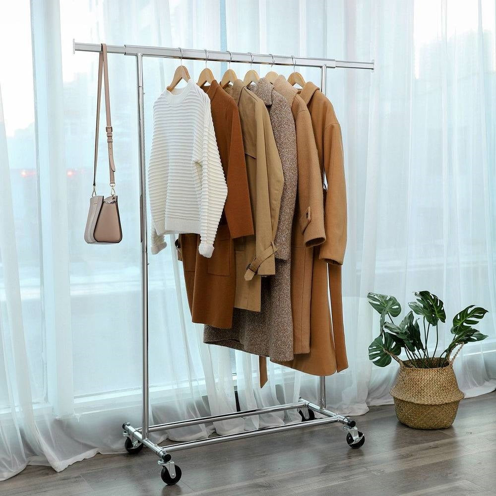 Heavy Duty Chrome Plated Silver Metal Garment Rack Clothes Hanging Bar on Wheels-2