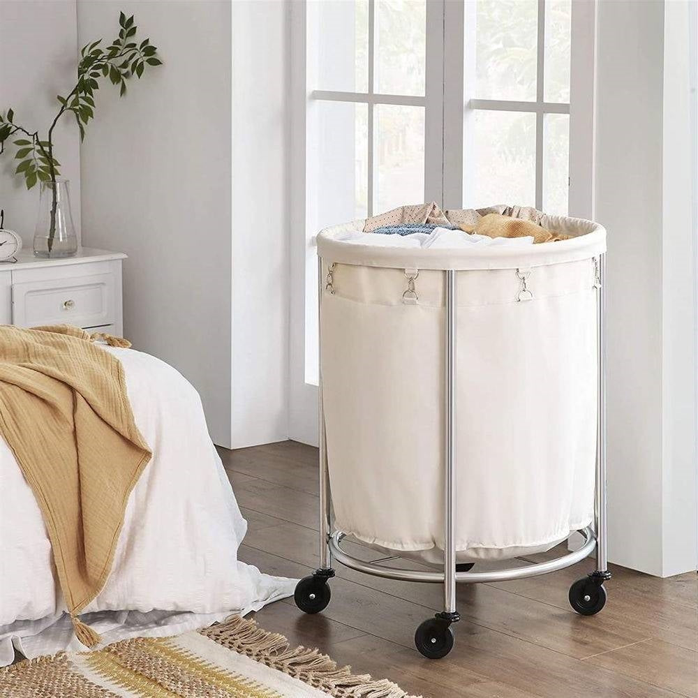 Round 45-Gallon Laundry Basket Hamper w/ Cream Fabric Bag Steel Frame on Wheels-1