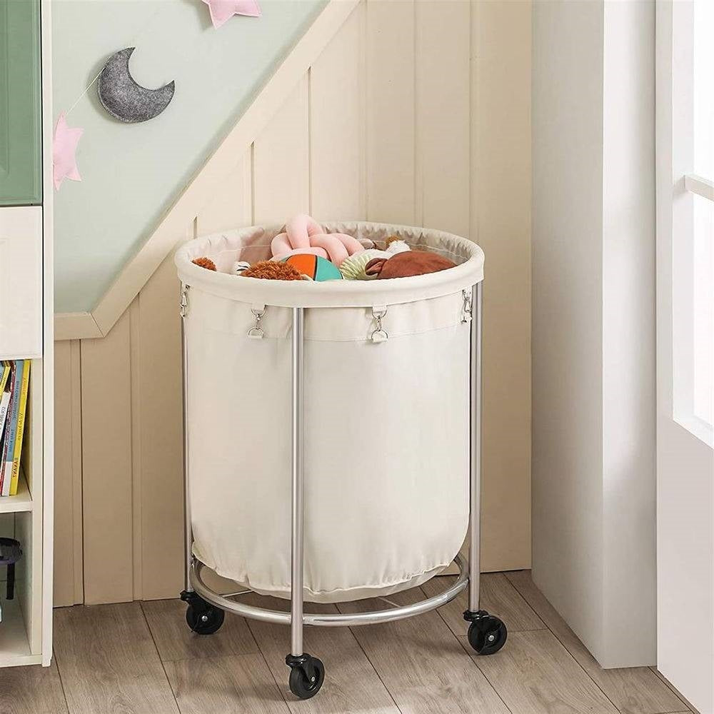 Round 45-Gallon Laundry Basket Hamper w/ Cream Fabric Bag Steel Frame on Wheels-2