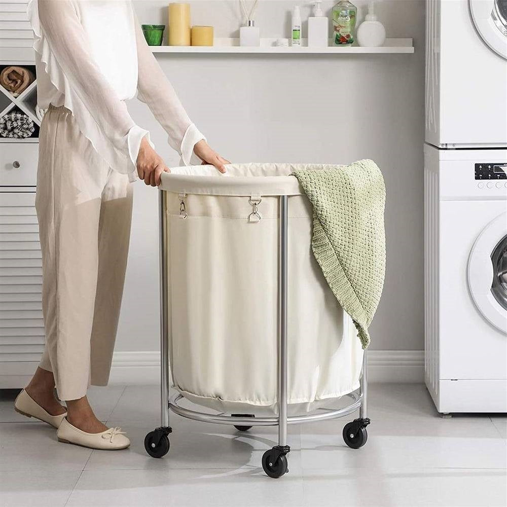 Round 45-Gallon Laundry Basket Hamper w/ Cream Fabric Bag Steel Frame on Wheels-3