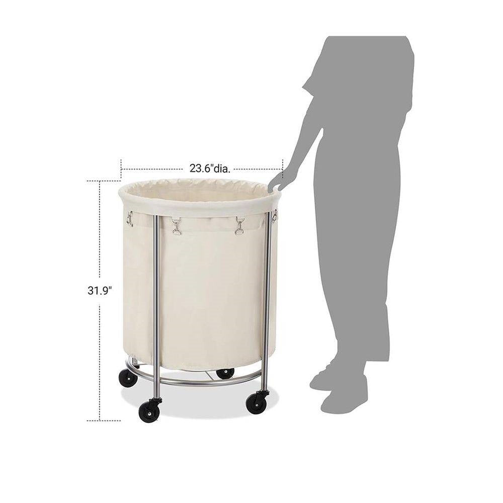 Round 45-Gallon Laundry Basket Hamper w/ Cream Fabric Bag Steel Frame on Wheels-4