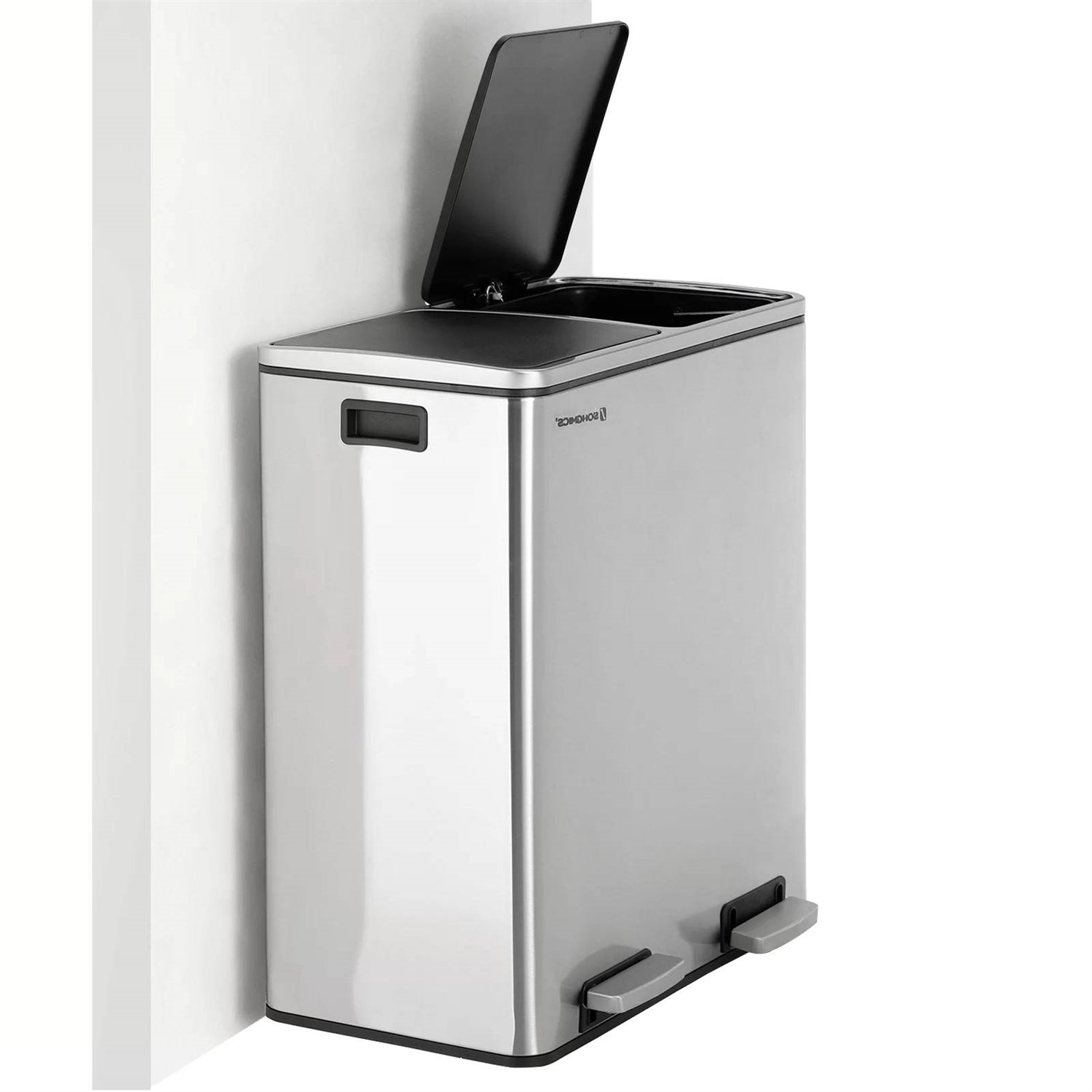 Dual Stainless Steel 16-Gallon Trash Can Recycle Bin with 2 Step on Pedal Lids-1