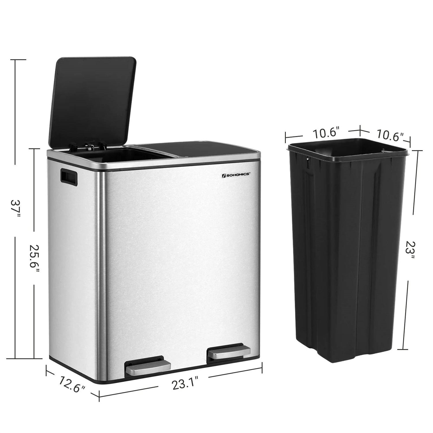 Dual Stainless Steel 16-Gallon Trash Can Recycle Bin with 2 Step on Pedal Lids-4