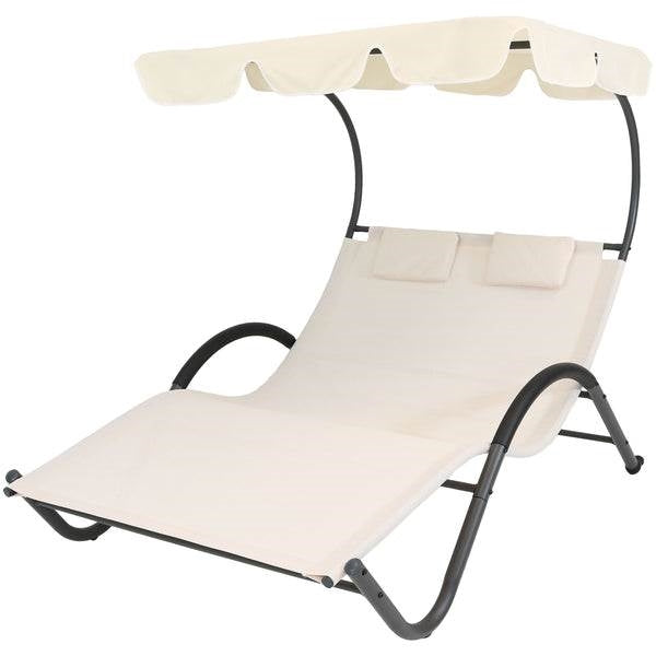 2 Person Off White Outdoor Patio Chaise Lounger Chair Canopy Bed with Pillows-0