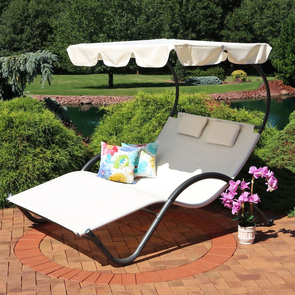 2 Person Off White Outdoor Patio Chaise Lounger Chair Canopy Bed with Pillows-3