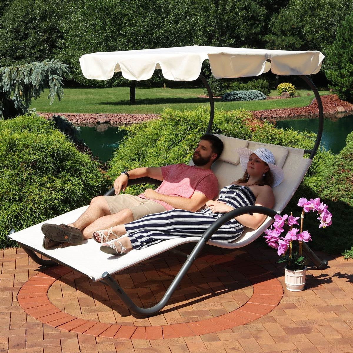 2 Person Off White Outdoor Patio Chaise Lounger Chair Canopy Bed with Pillows-4