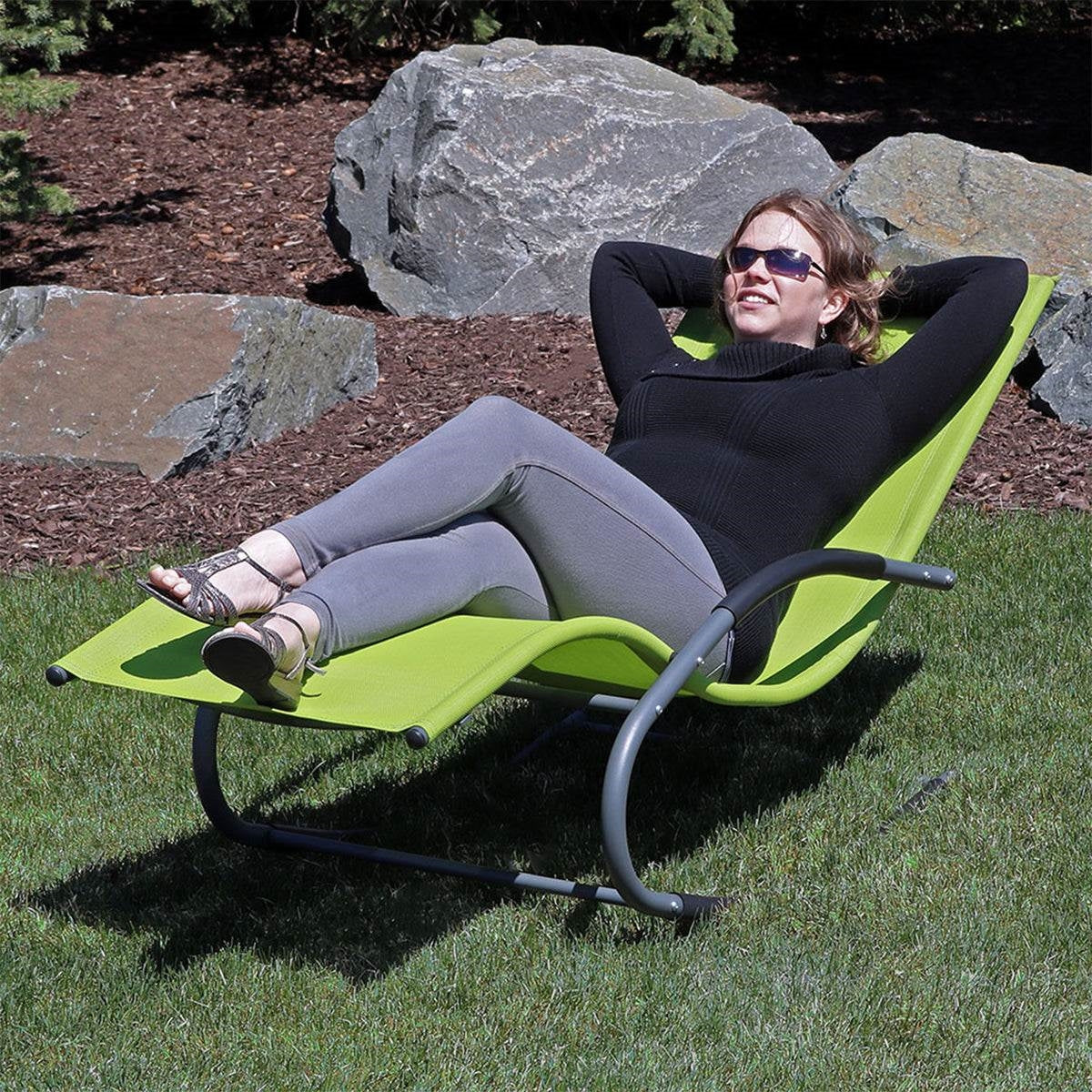 Modern Green Rocking Chaise Lounge Chair Patio Lounger with Pillow-3