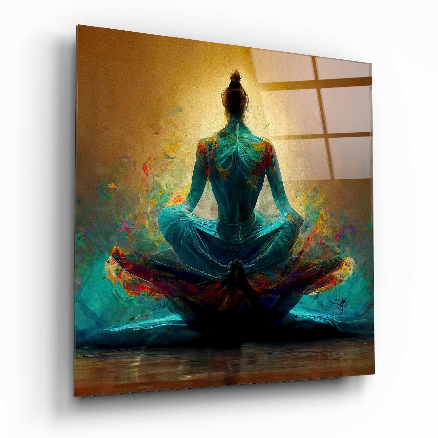 Turquoise Lotus Meditation On Gold Glass Wall Art