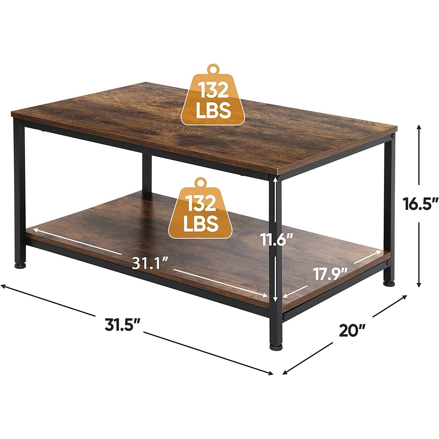 Heavy Duty Industrial 2-Tier Coffee Table in Rustic Brown Wood Finish-4