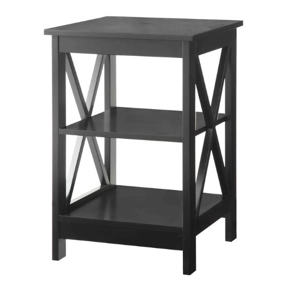 Black Wood X-Design End Table Nightstand with 3 Open Shelves-0