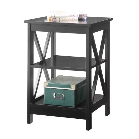 Black Wood X-Design End Table Nightstand with 3 Open Shelves-1