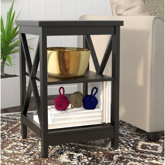 Black Wood X-Design End Table Nightstand with 3 Open Shelves-2