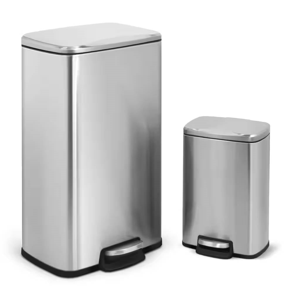 Set of 2 - 8 Gallon and 1.3 Gallon Stainless Steel Trash Can with Step-on Lid-0
