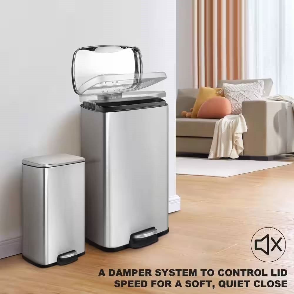 Set of 2 - 8 Gallon and 1.3 Gallon Stainless Steel Trash Can with Step-on Lid-2