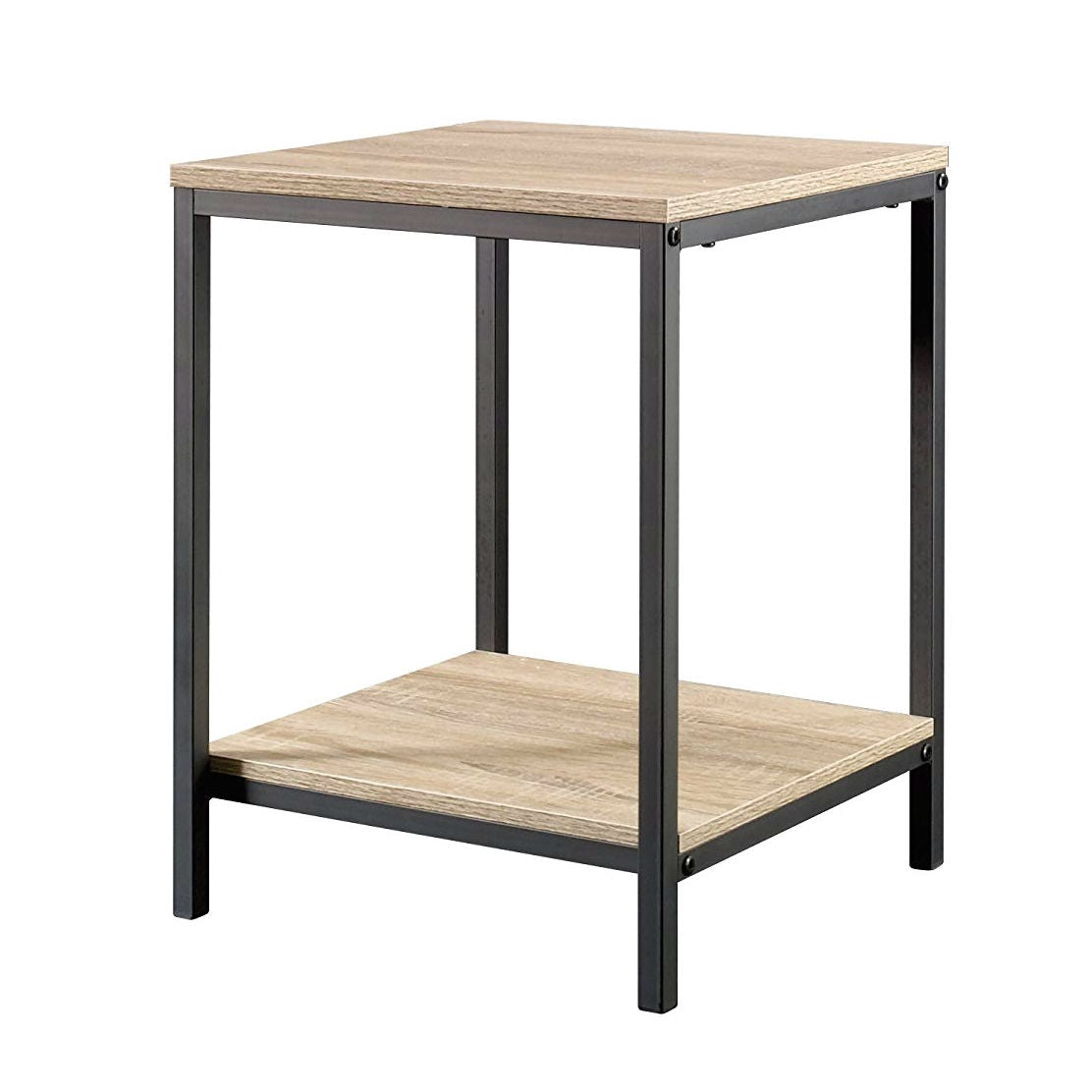 Modern Black Metal Frame End Table with Oak Finish Wood Top and Bottom Shelf-0