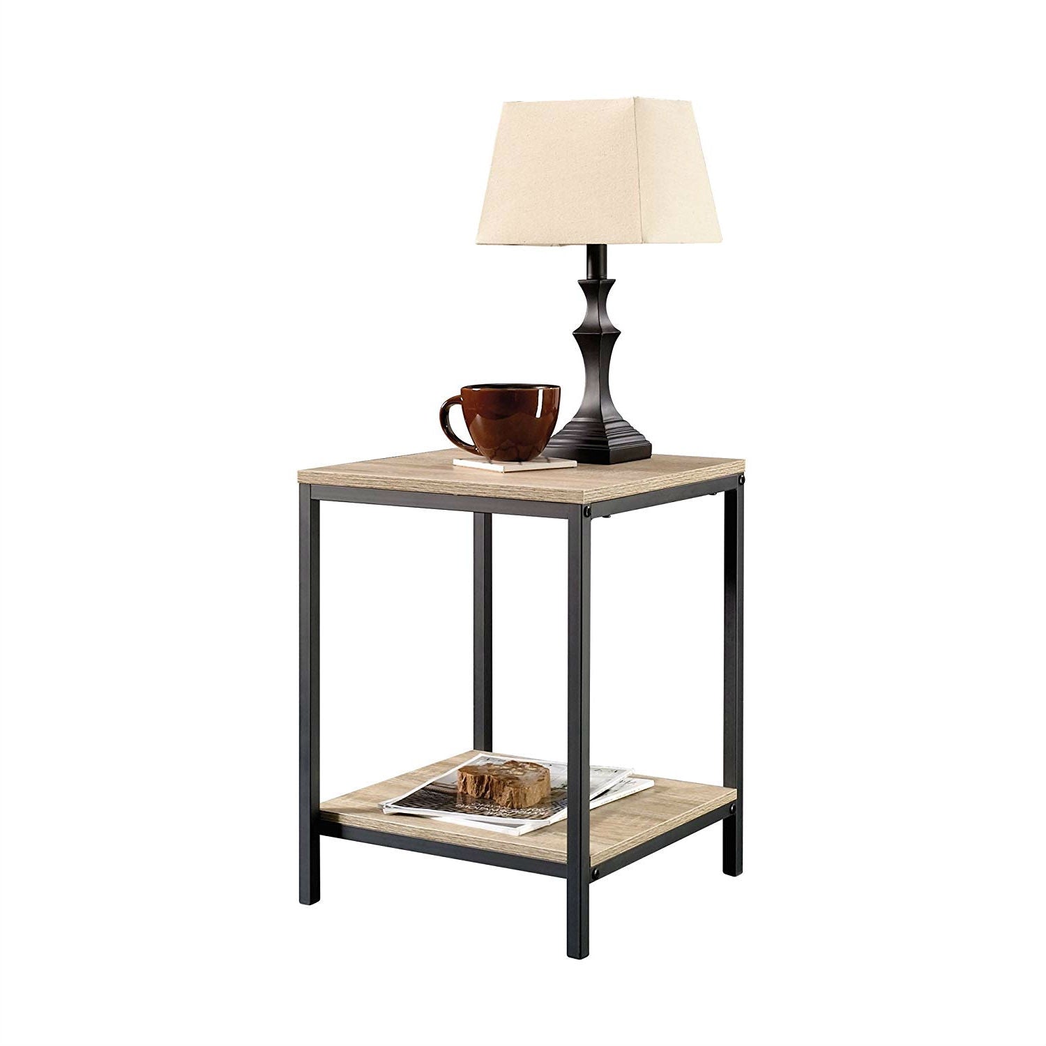 Modern Black Metal Frame End Table with Oak Finish Wood Top and Bottom Shelf-1