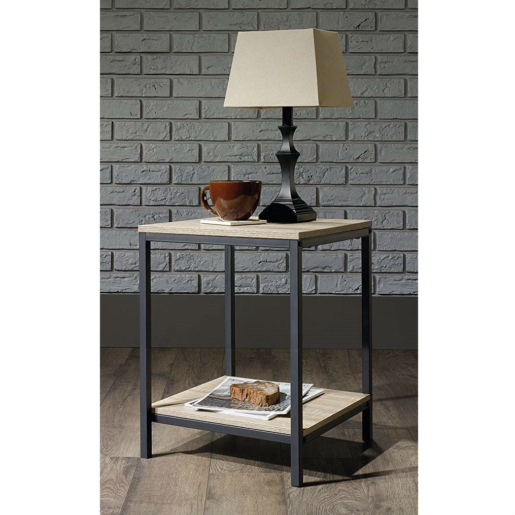 Modern Black Metal Frame End Table with Oak Finish Wood Top and Bottom Shelf-4