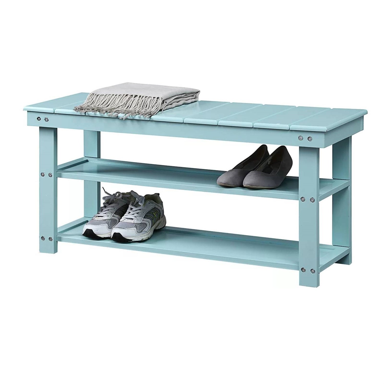 Sea Foam Aqua Blue Wood 2-Shelf Shoe Rack Storage Bench for Entryway or Closet-0