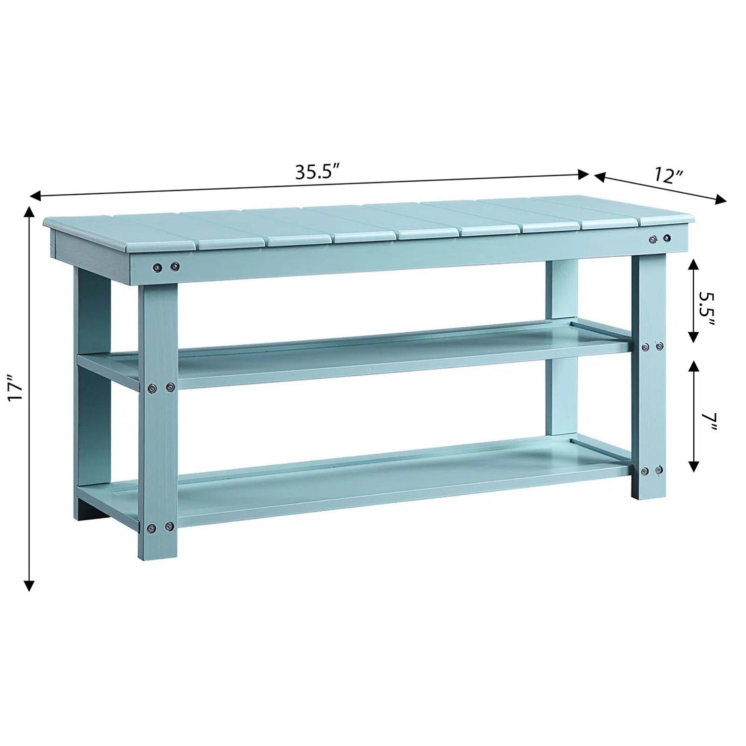 Sea Foam Aqua Blue Wood 2-Shelf Shoe Rack Storage Bench for Entryway or Closet-3