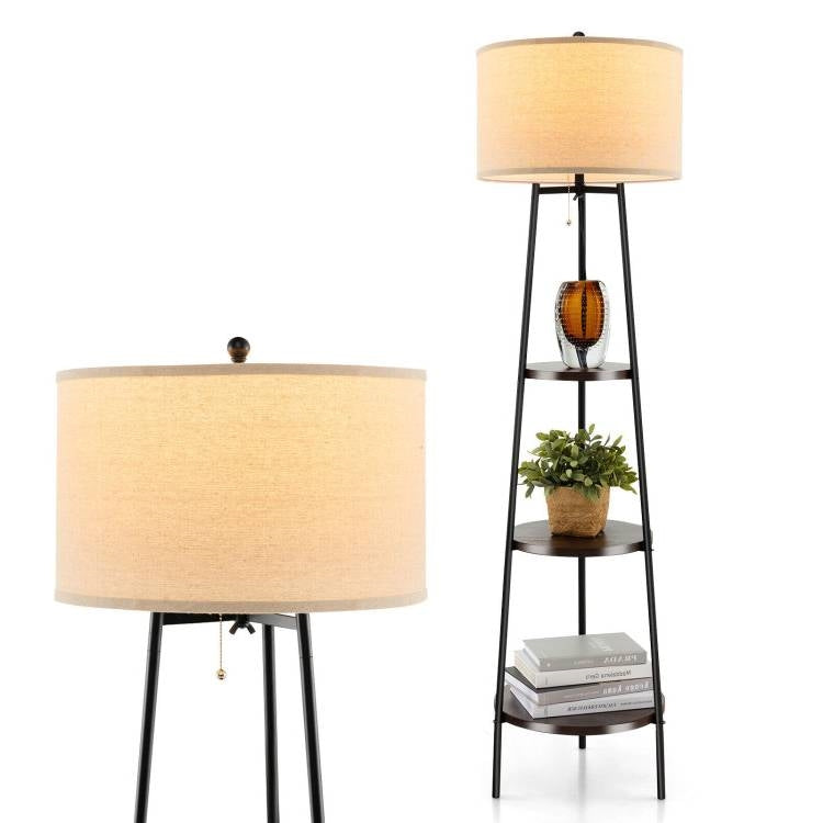 Modern Floor Lamp 3-Tier Bookcase Shelf with Round Drum Linen Lampshade-0