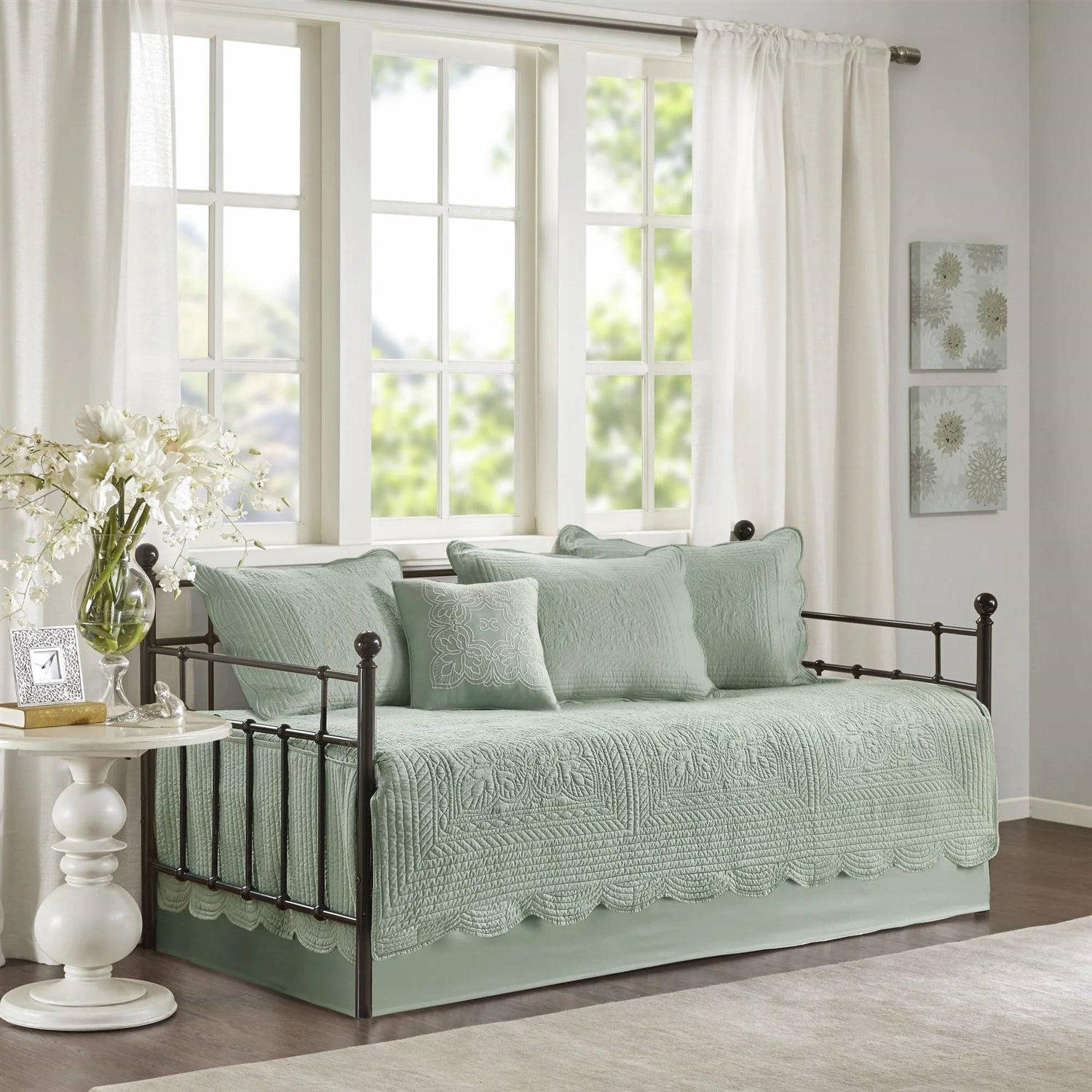 6-Piece Farmhouse Seafoam Green Daybed Cover Bedding Set with Scalloped Edges-0