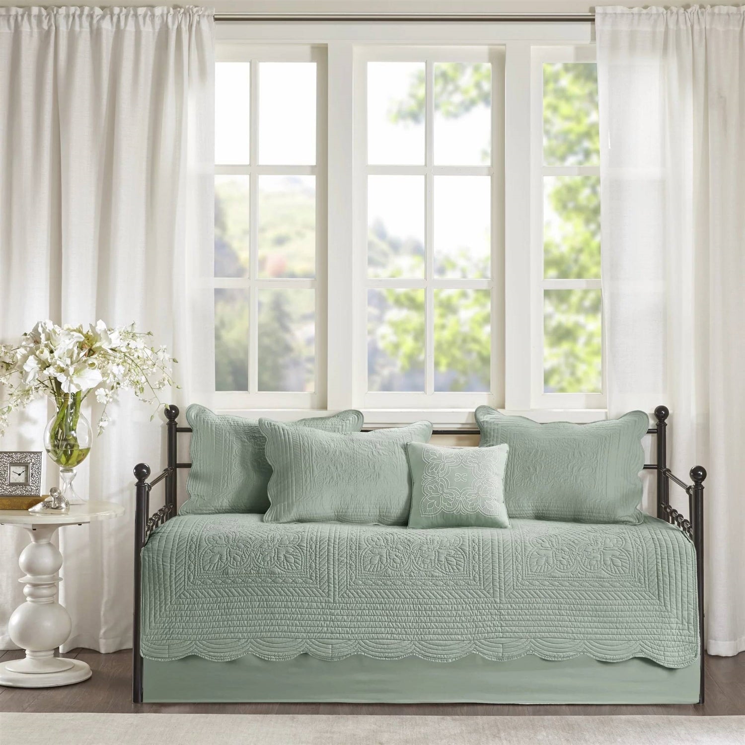 6-Piece Farmhouse Seafoam Green Daybed Cover Bedding Set with Scalloped Edges-1