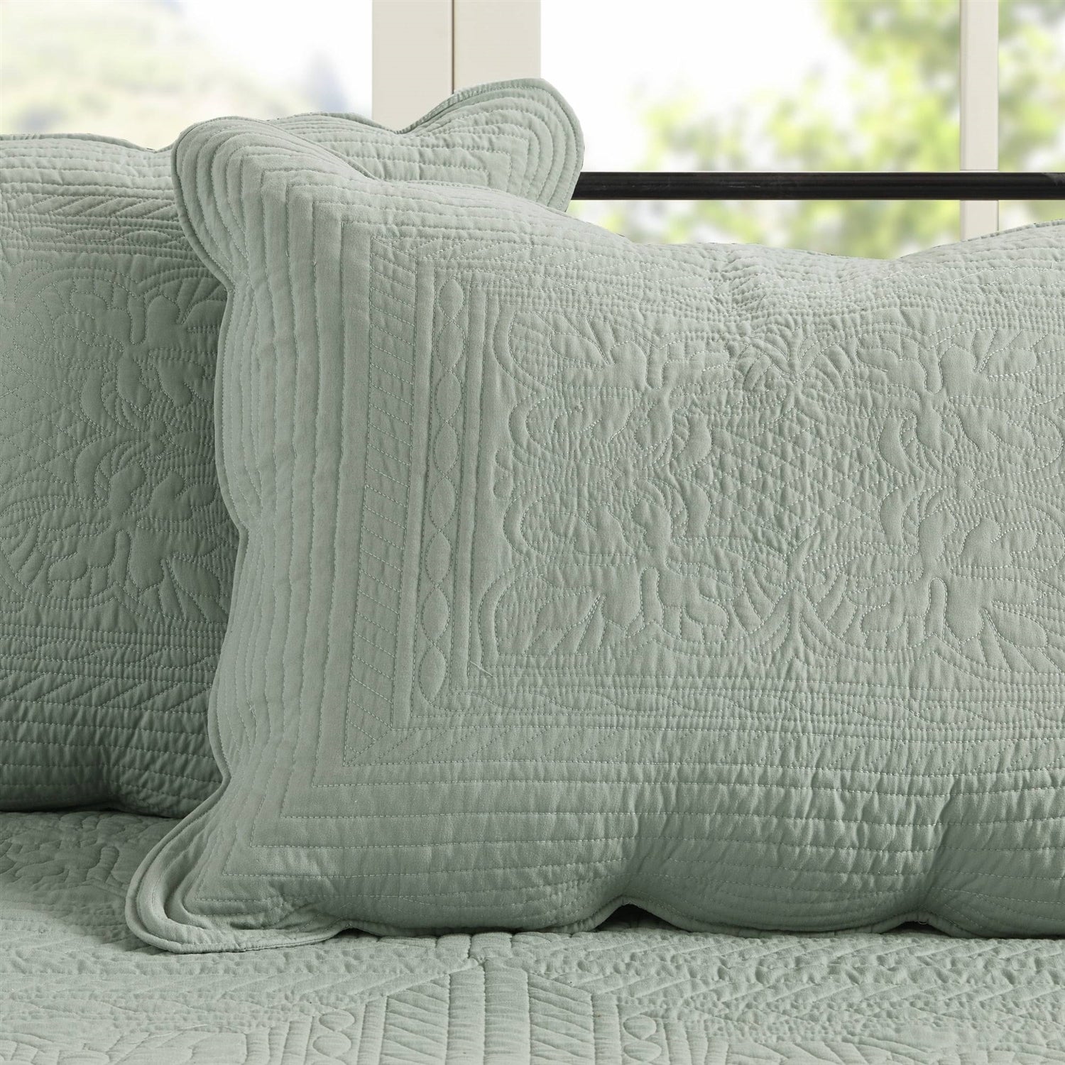 6-Piece Farmhouse Seafoam Green Daybed Cover Bedding Set with Scalloped Edges-2