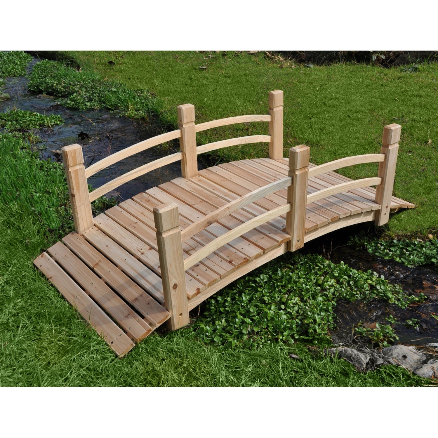 5-Ft Cedar Wood Garden Bridge with Railings in Natural Finish-2