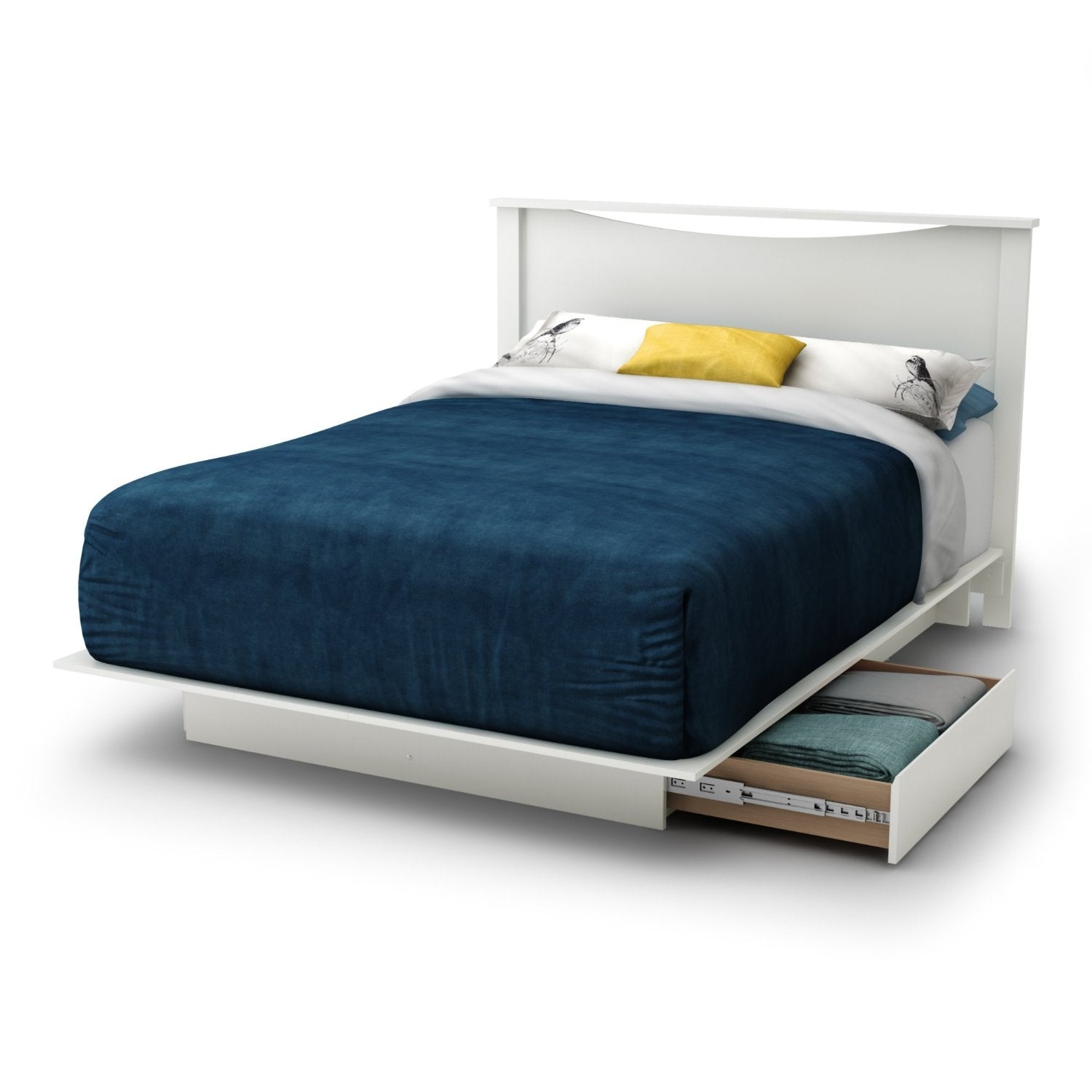 Full size White Modern Platform Bed Frame with 2 Storage Drawers-1