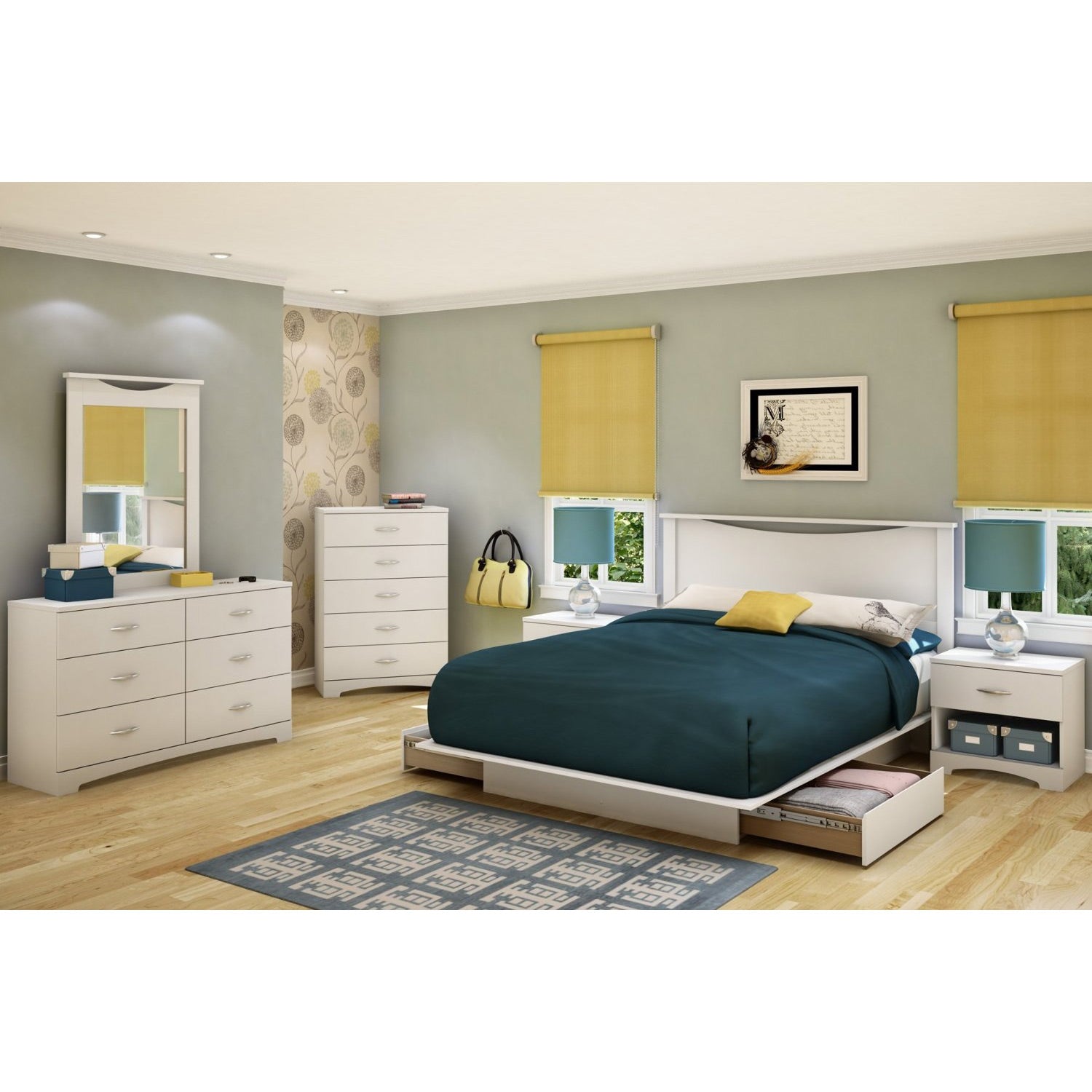 Full size White Modern Platform Bed Frame with 2 Storage Drawers-2