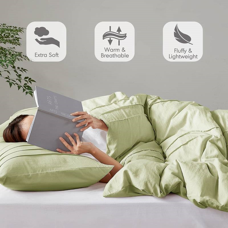 Queen size Microfiber Pleated Lightweight Soft Comforter Set in Sage Green-2