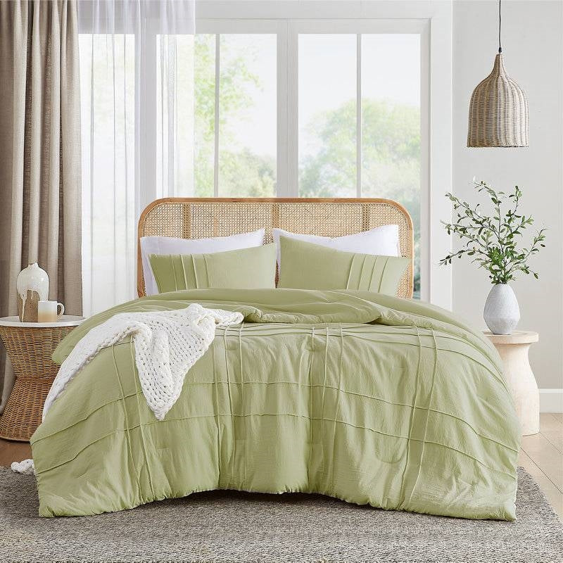 King size Microfiber Pleated Lightweight Soft Comforter Set in Sage Green-0