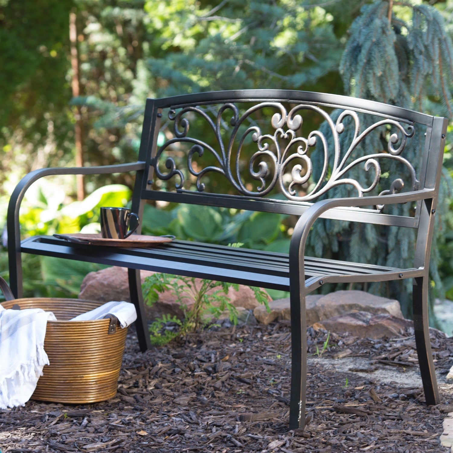 Curved Metal Garden Bench with Heart Pattern in Black Antique Bronze Finish-0