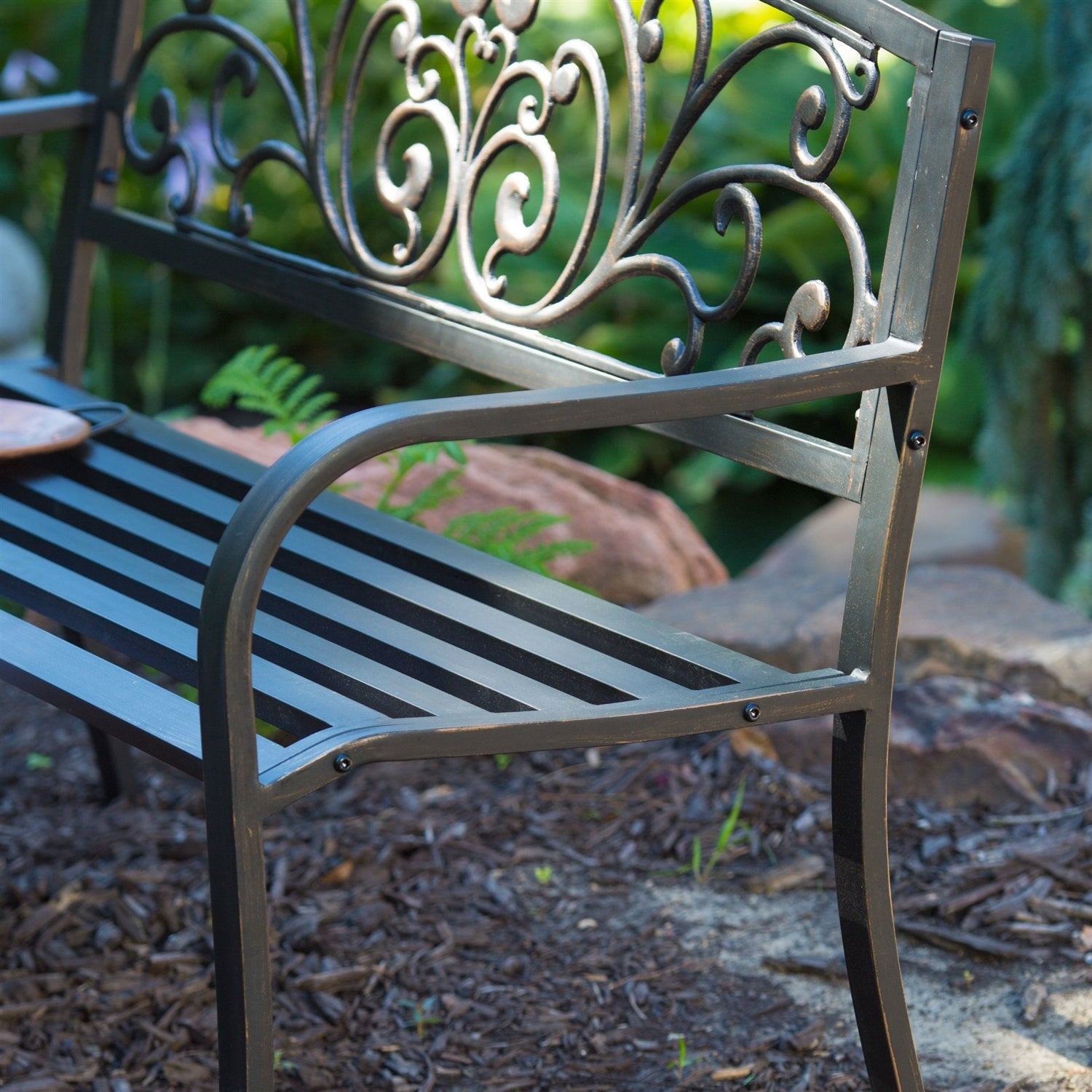 Curved Metal Garden Bench with Heart Pattern in Black Antique Bronze Finish-1