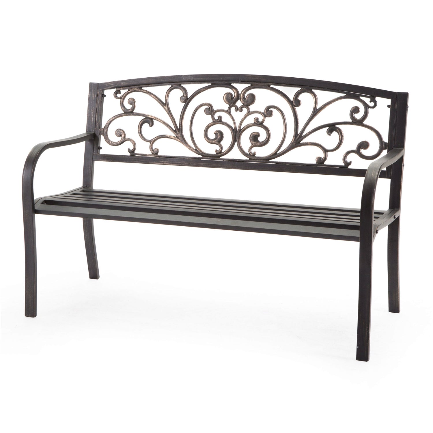 Curved Metal Garden Bench with Heart Pattern in Black Antique Bronze Finish-2