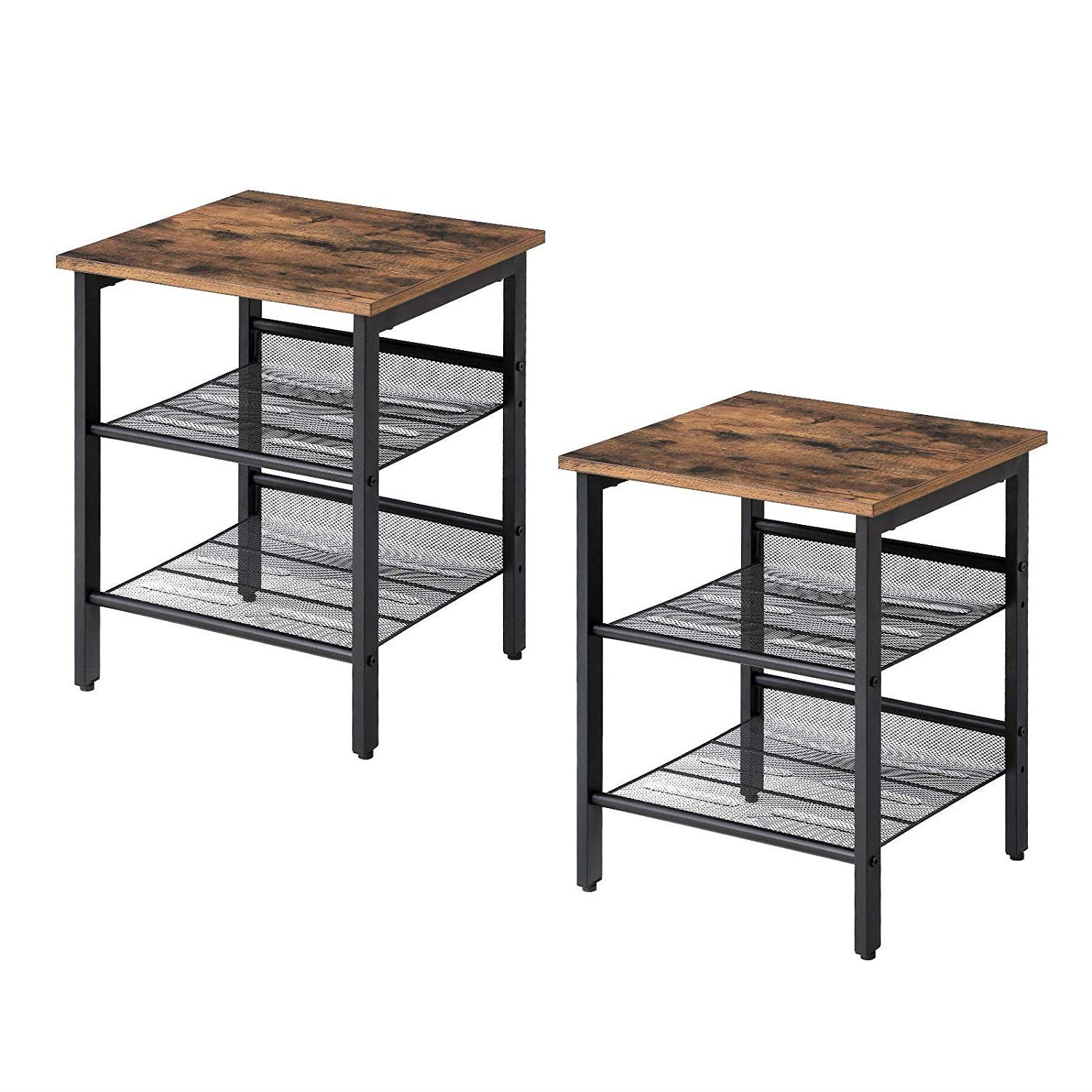 Set of 2 Side Table Nightstand with Medium Wood Finish Top and Mesh Shelves-0