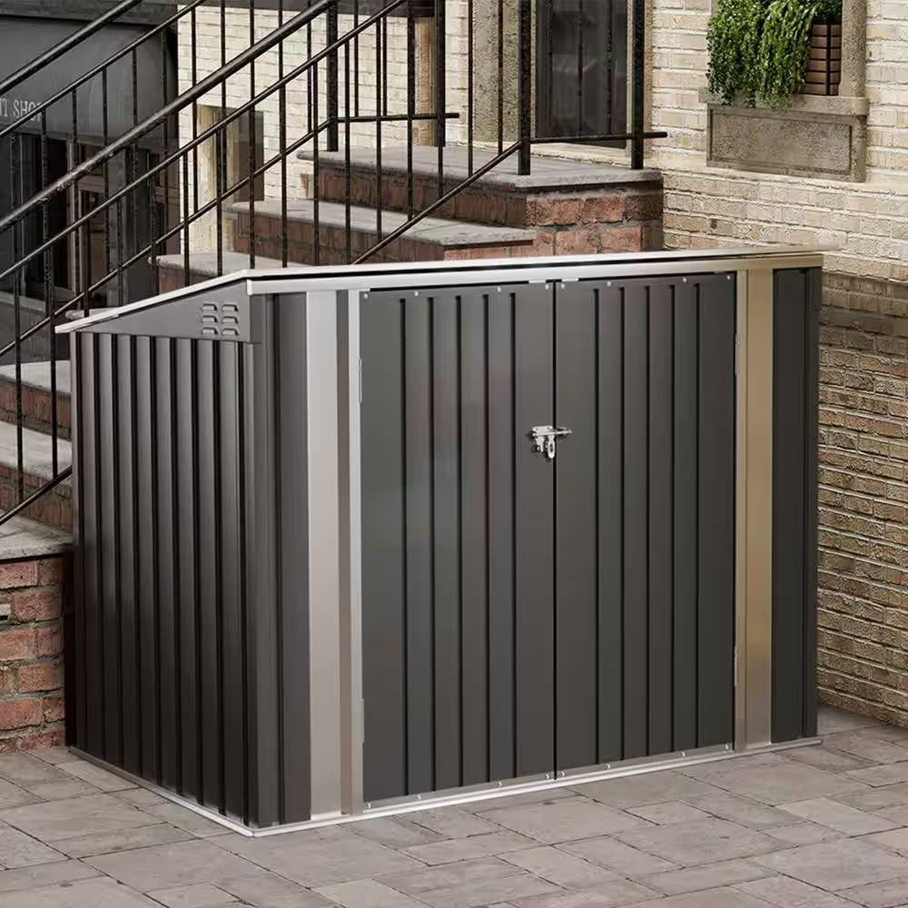 Outdoor Black Galvanized Steel Trash Can Storage Shed - Holds 2 Garbage Bins-3