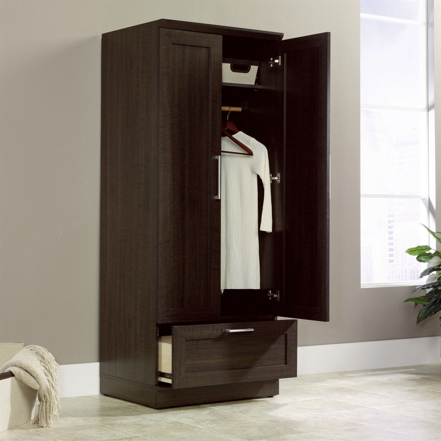 Bedroom Wardrobe Armoire Cabinet in Dark Brown Oak Wood Finish-0