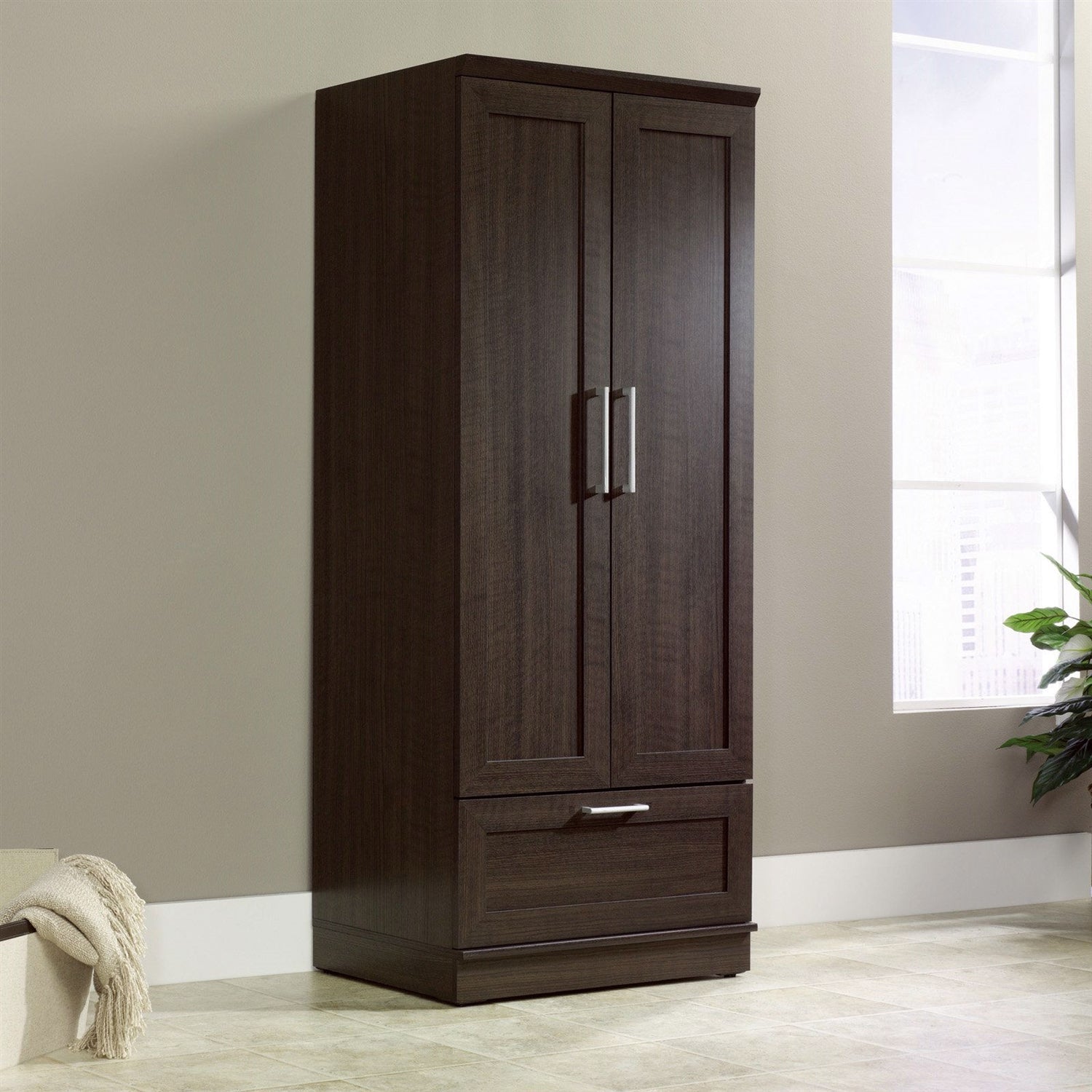 Bedroom Wardrobe Armoire Cabinet in Dark Brown Oak Wood Finish-1