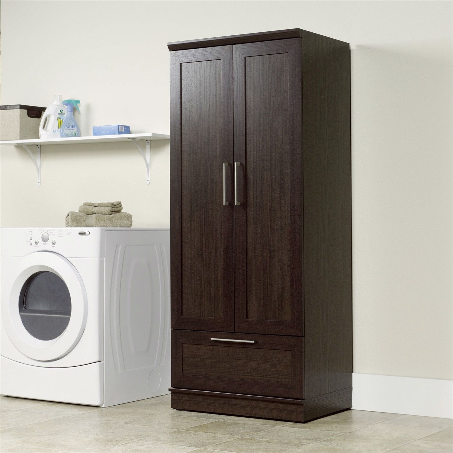 Bedroom Wardrobe Armoire Cabinet in Dark Brown Oak Wood Finish-2