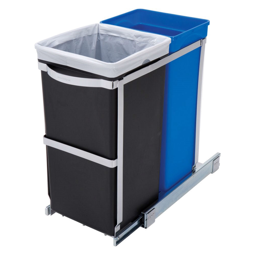 Pull Out Blue Recycle Bin Black Trash Can Slides Under Kitchen Counter-0