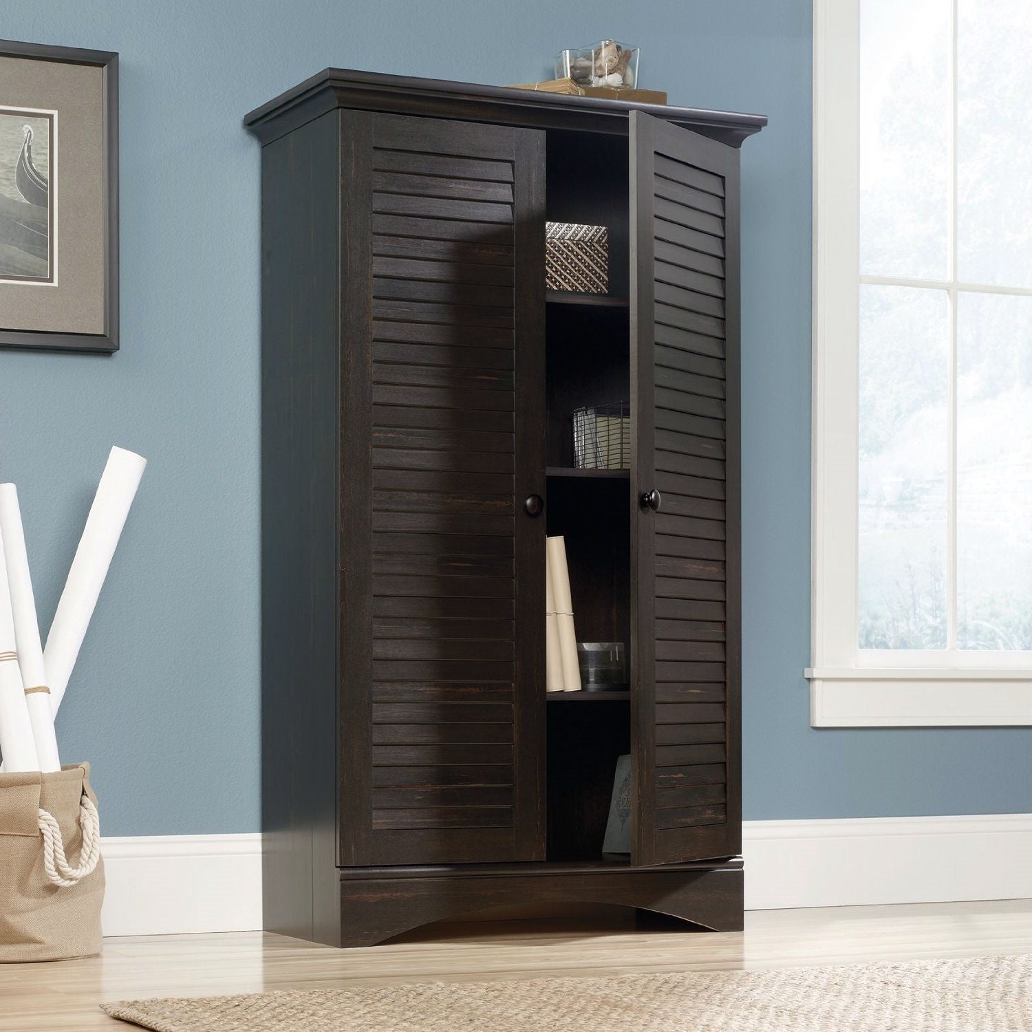 Multi-Purpose Wardrobe Armoire Storage Cabinet in Dark Brown Antique Wood Finish-3