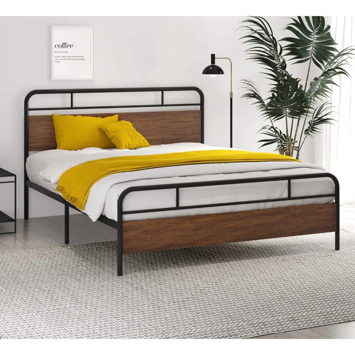 Full Size Industrial Metal Wood Platform Bed Frame with Headboard and Footboard-1